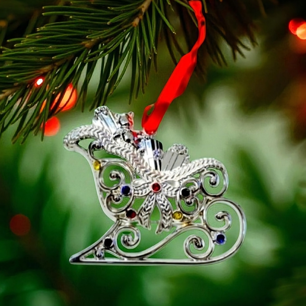 NEW Lenox Sparkle And Scroll Silver Sleigh Ornament with Multi-Colored Crystals - Picture 5 of 5